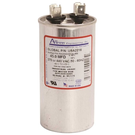 Amrad Engineering ROUND MOTOR RUN CAPACITOR, 45 MFD, 370/440 VAC USA2216